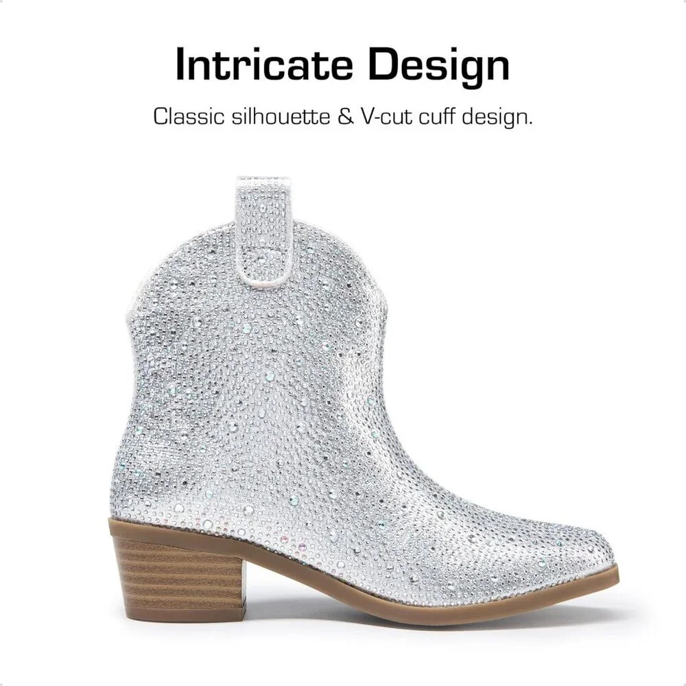 ⚡Girls Silver Cowgirl Rhinestone Zipper Boots Ankle Low Heel Dress Booties